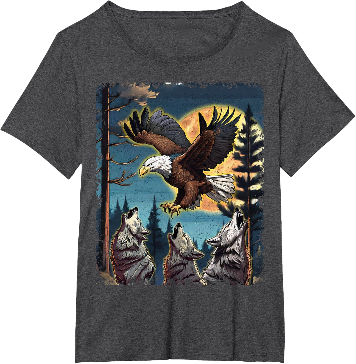 Three Wolves Howling Moon American Bald Eagle Nature Print T-Shirt - Dark Heather Grey