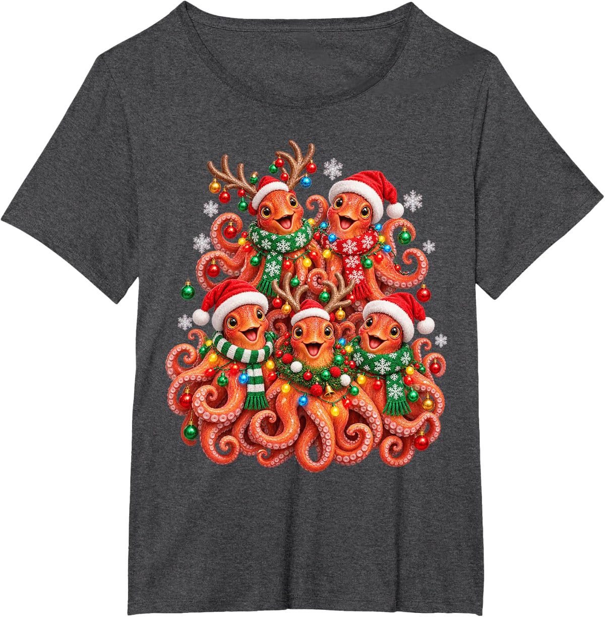 Christmas Lights Octopus Santa Funny Xmas Trees T-Shirt - Dark Heather Grey