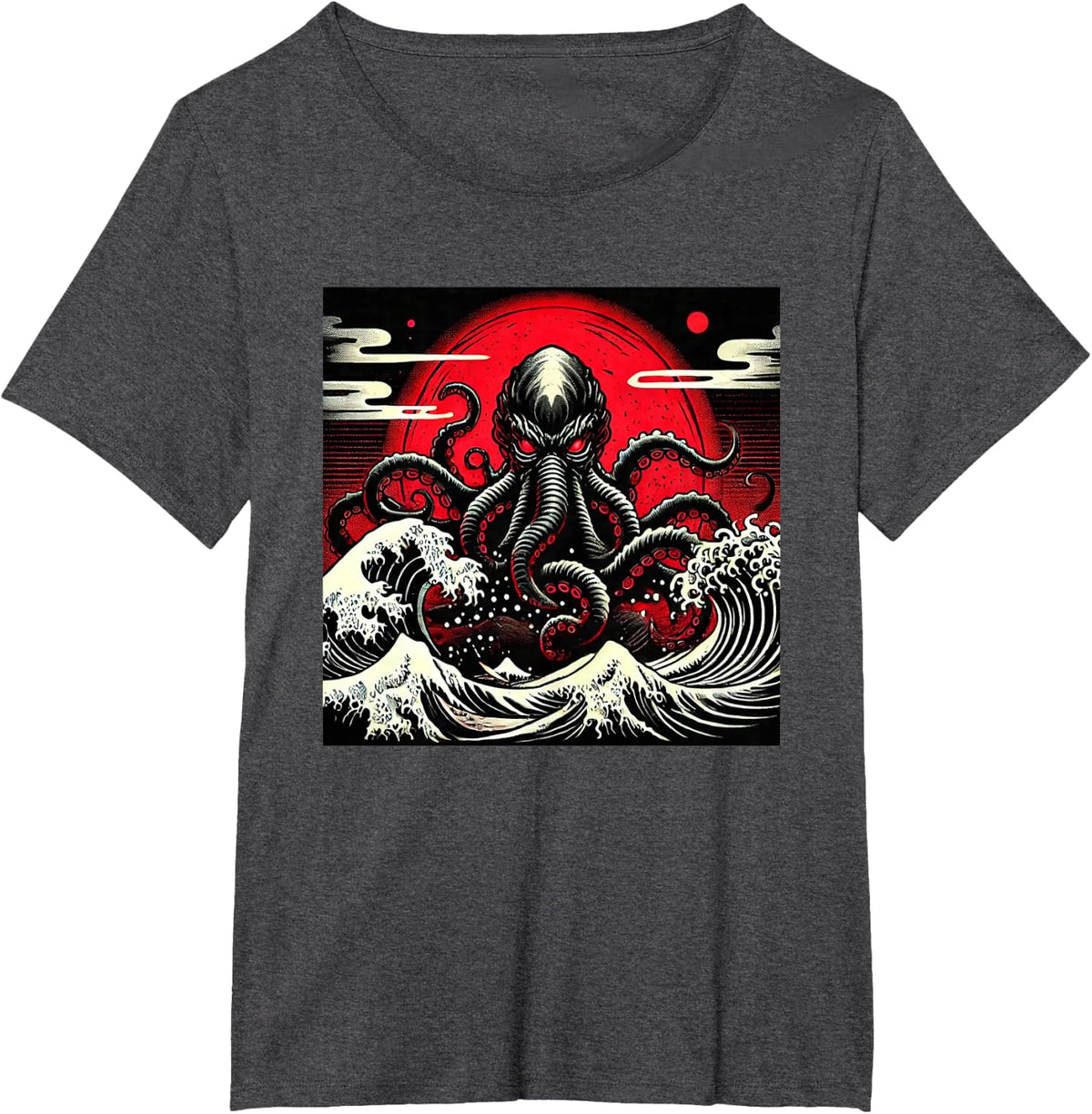 Japanese, Octopus, Art, Red Moon, Wave Graphic T-Shirt - Dark Heather Grey