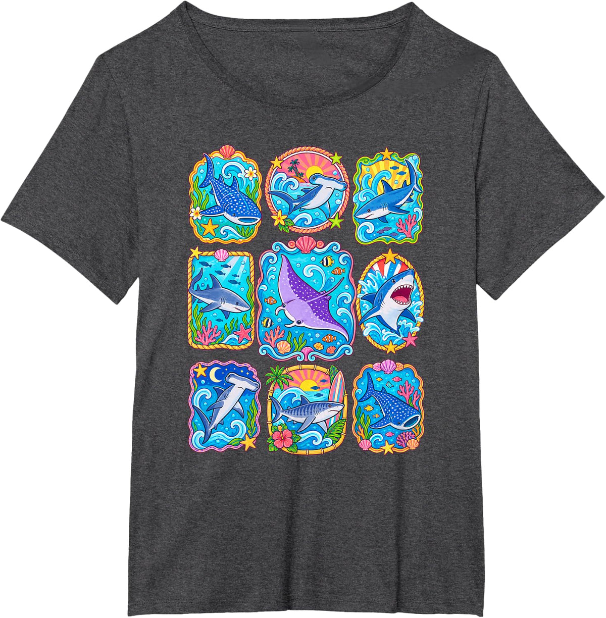 Ocean Sharks Whales Beach Vacation T-Shirt - Dark Heather Grey