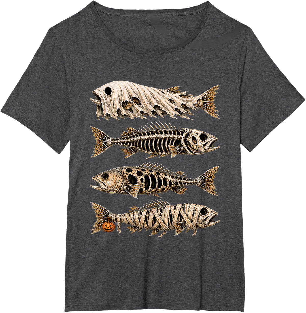 Halloween Trout Fishing Ghost Skeleton Mummy Fish Pumpkin T-Shirt - Dark Heather Grey
