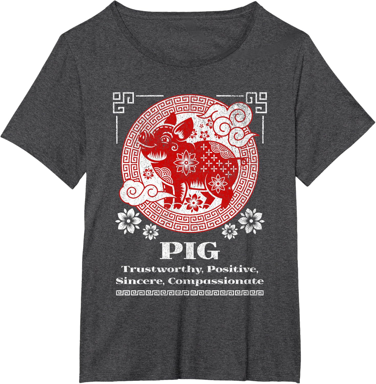 Chinese Zodiac Pig T-Shirt - Red, Small, Short Sleeve, Mandarin Collar, Unisex-Adult - Dark Heather Grey