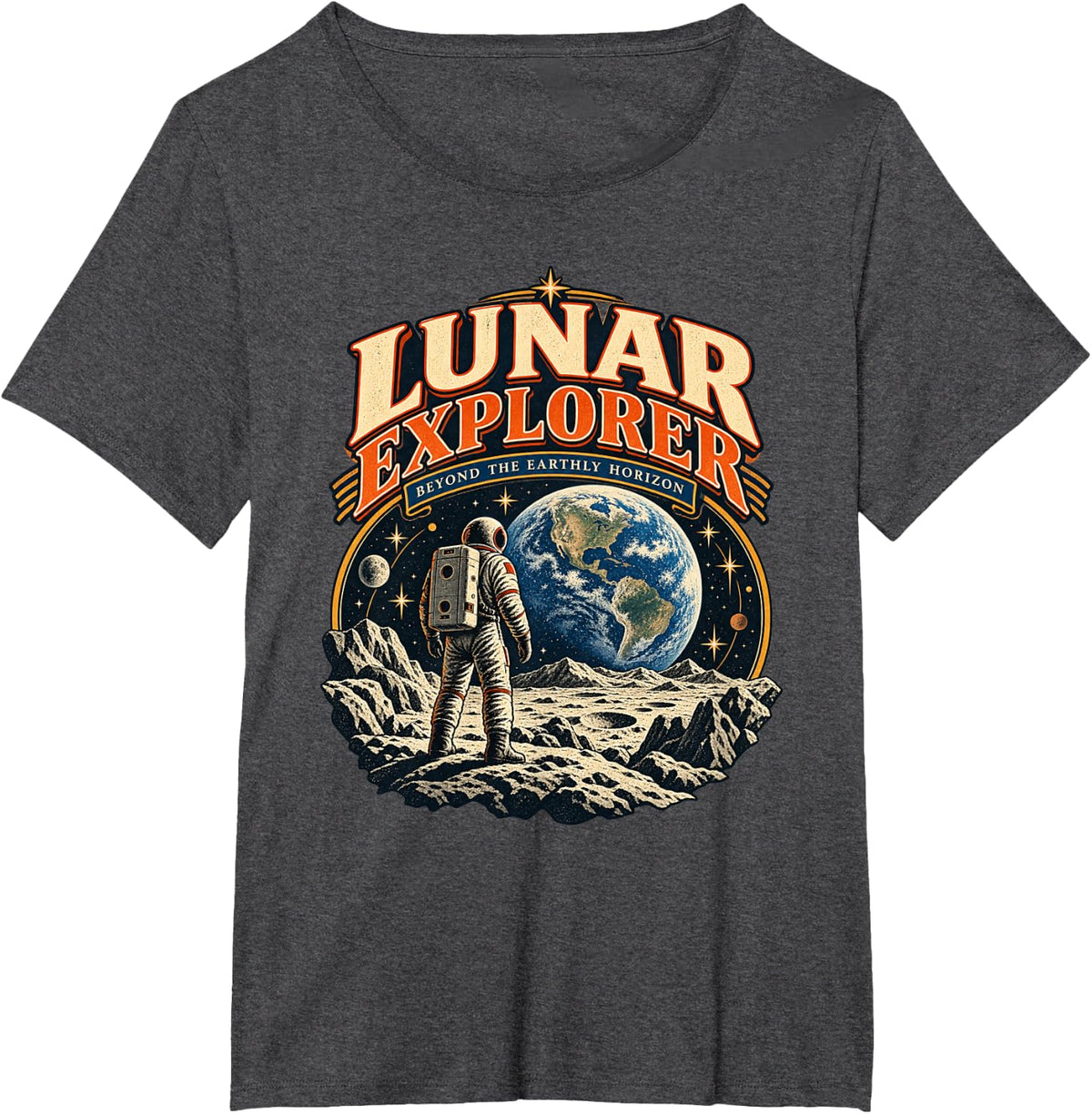 Vintage Lunar Explorer Astronaut Space Adventure T-Shirt - Dark Heather Grey