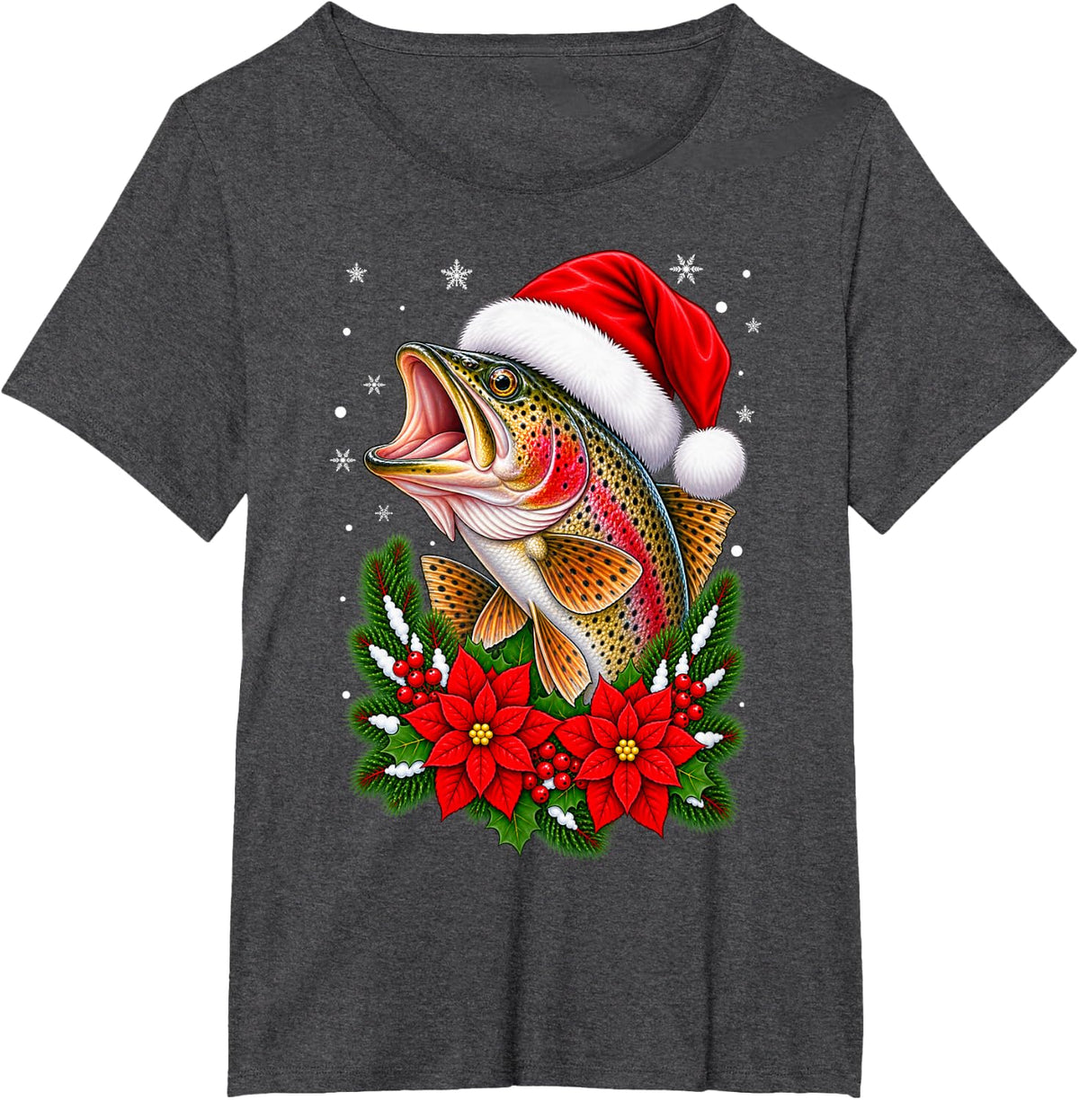 Trout Fishing Festive Floral Santa Hat Trout Fish Christmas T-Shirt - Dark Heather Grey