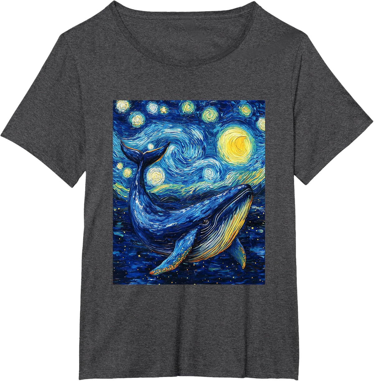 Whale Fish Van Gogh Style Starry Night Sea Graphic T-Shirt - Dark Heather Grey