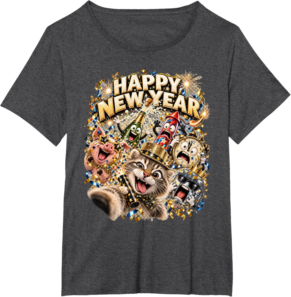 Happy New Year Cat Selfie Gold Confetti Party Art T-Shirt - Dark Heather Grey