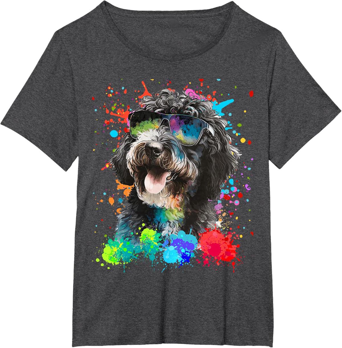 Aussiedoodle Dog with Sunglasses, Colorful Aussiedoodle T-Shirt - Dark Heather Grey