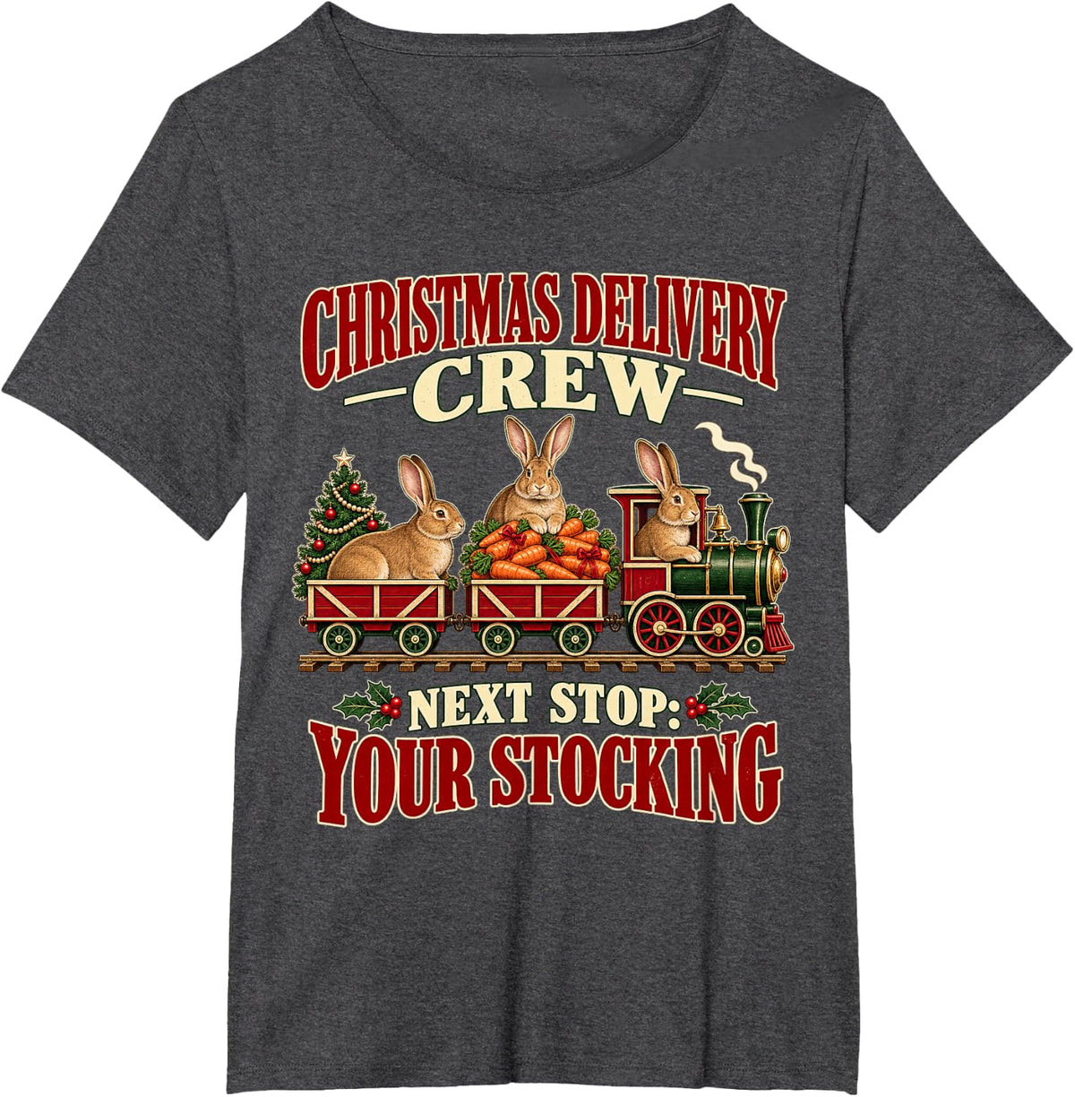 Flemish Giant Rabbit Vintage Christmas Steam Train T-Shirt - Dark Heather Grey