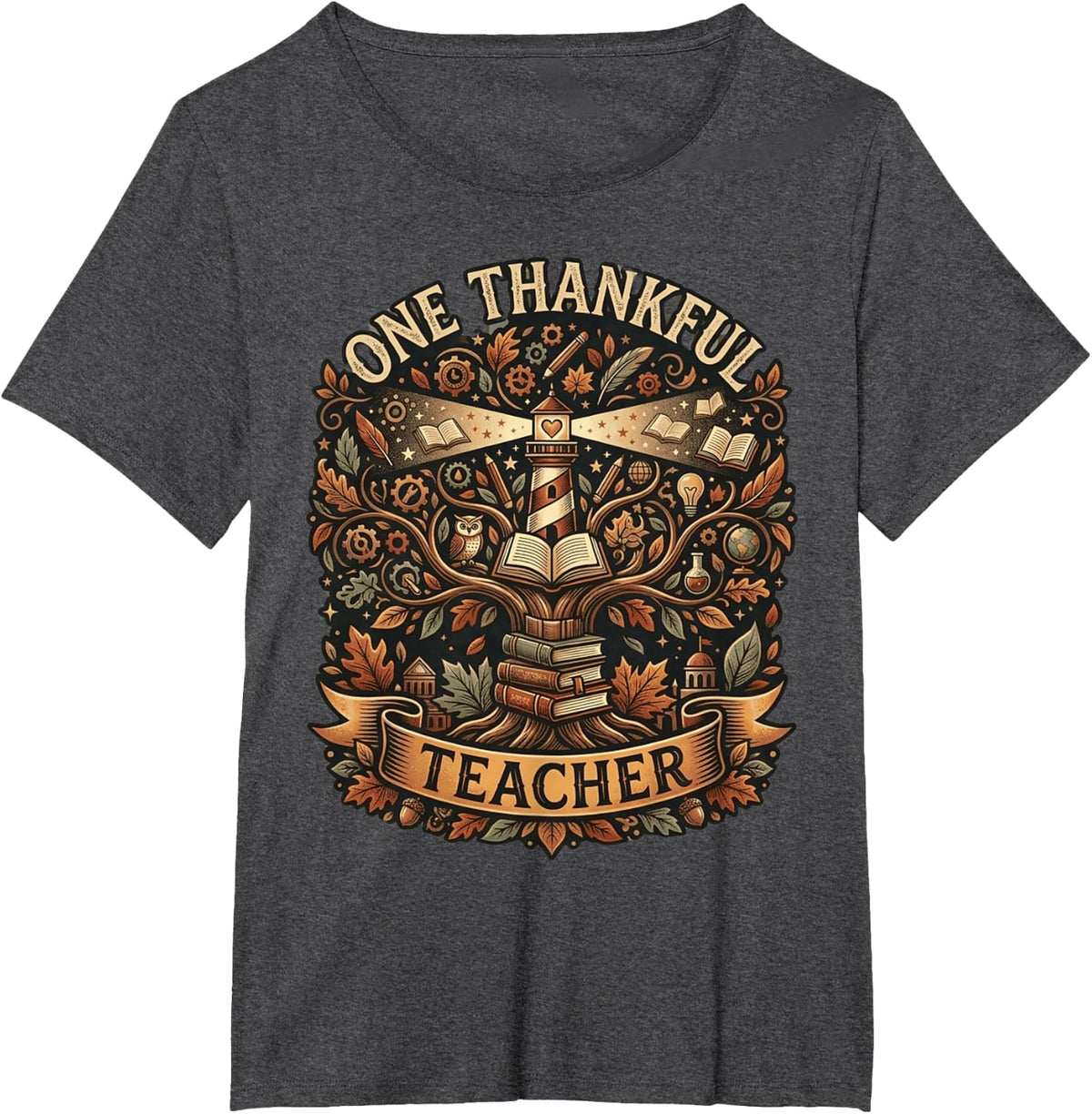 One Thankful Teacher Lighthouse of Knowledge Thanksgiving T-Shirt - Dark Heather Grey