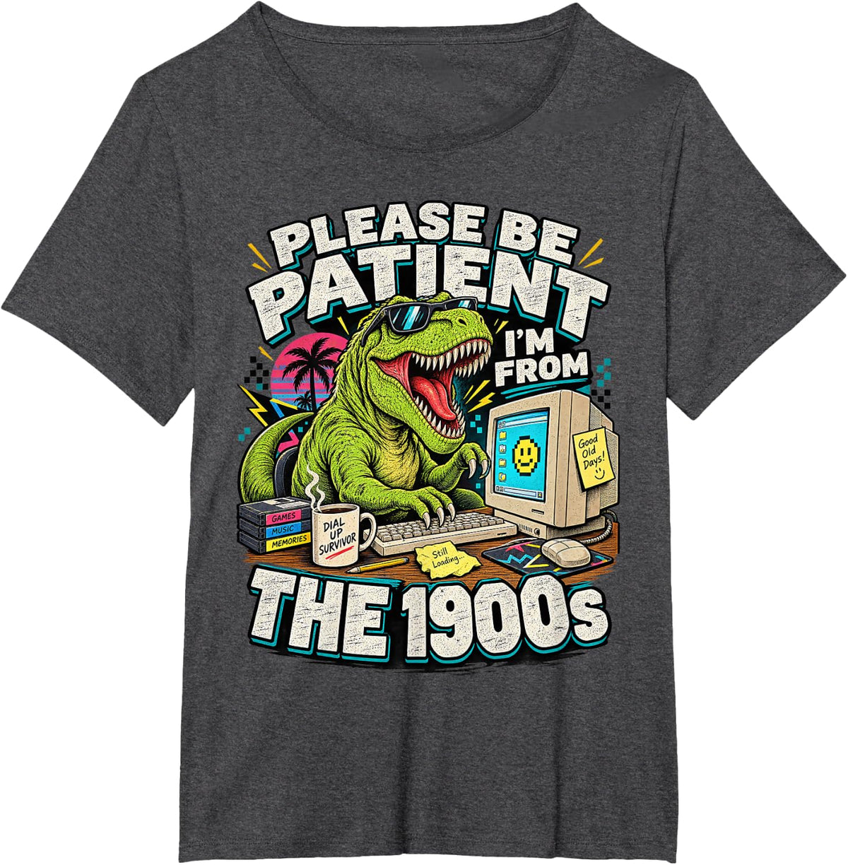 Please Be Patient 1900s Dinosaur Retro Computer Funny Art T-Shirt - Dark Heather Grey