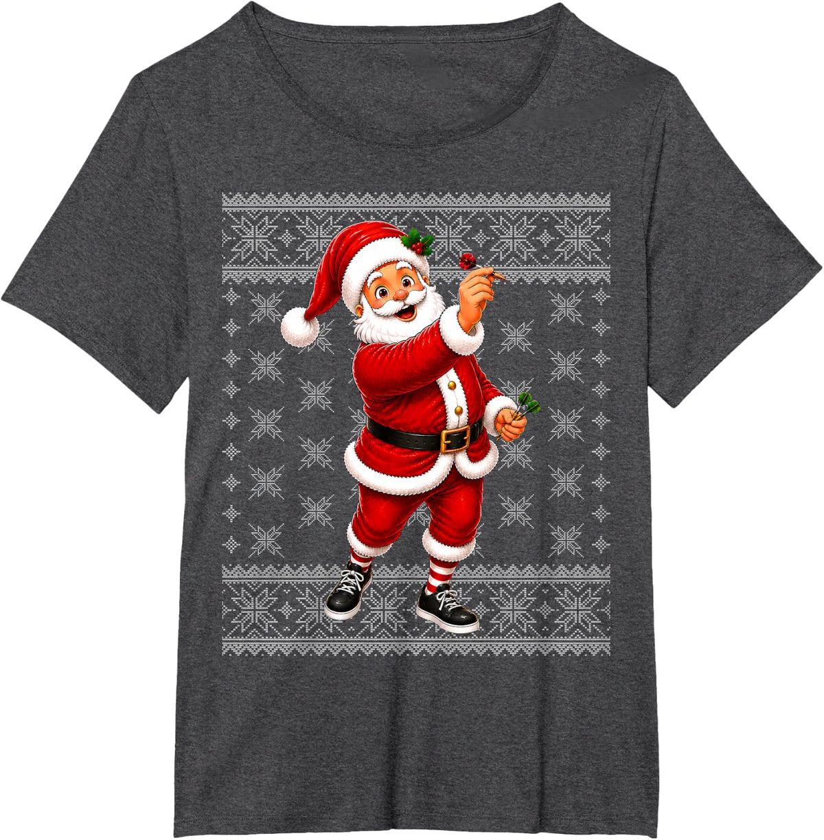 Ugly Xmas Funny Santa Playing Darts Christmas Sports T-Shirt - Dark Heather Grey