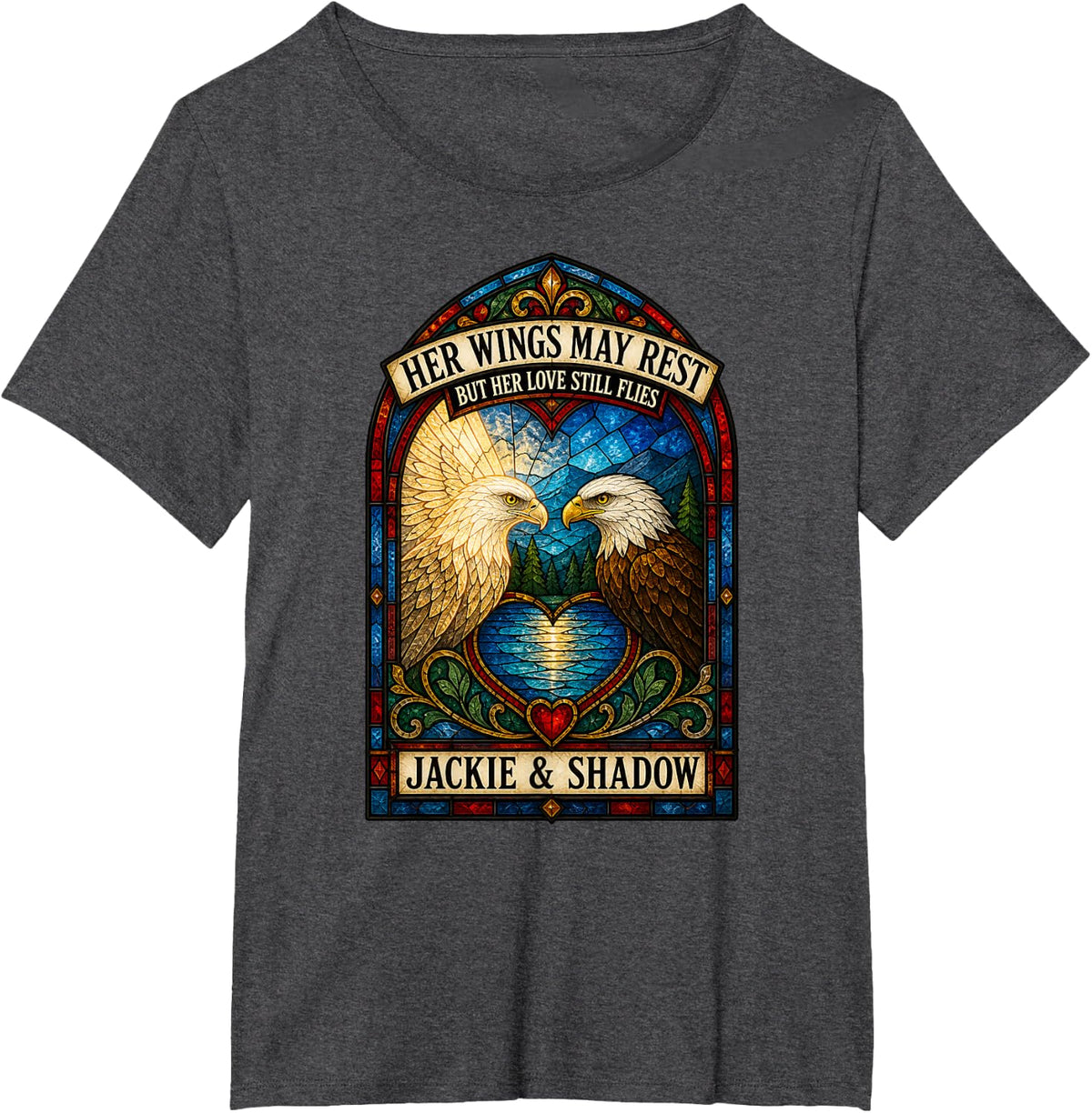 Her Wings May Rest Jackie and Shadow Bald Eagle Memorial T-Shirt - Dark Heather Grey