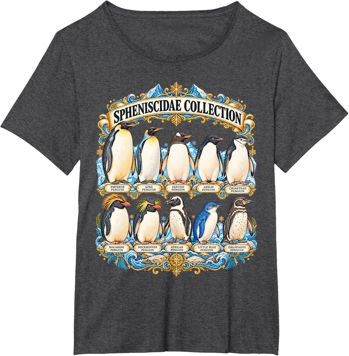 The Spheniscidae Collection Penguin Breeds Antarctic Bird T-Shirt - Dark Heather Grey