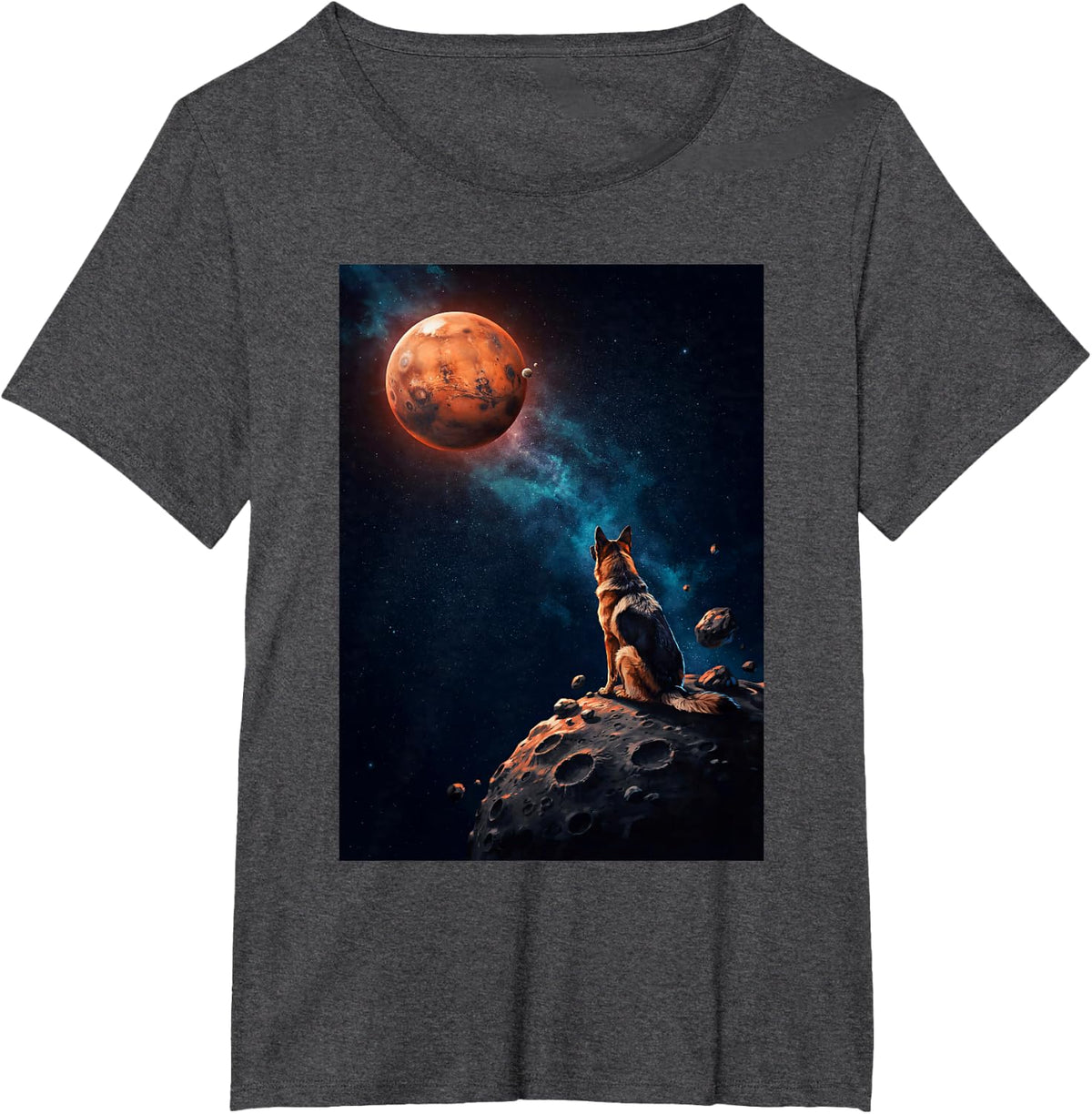 German Shepherd Dog Watching Mars Space Astronomy Planet T-Shirt - Dark Heather Grey