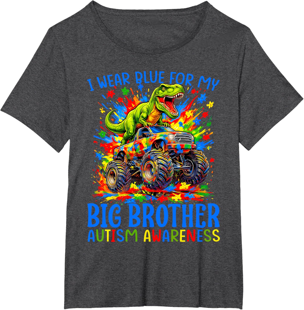 I Wear Blue for My Big Brother Autism Awareness Dinosaur T-Shirt Tees for Kids - Dark Heather Grey