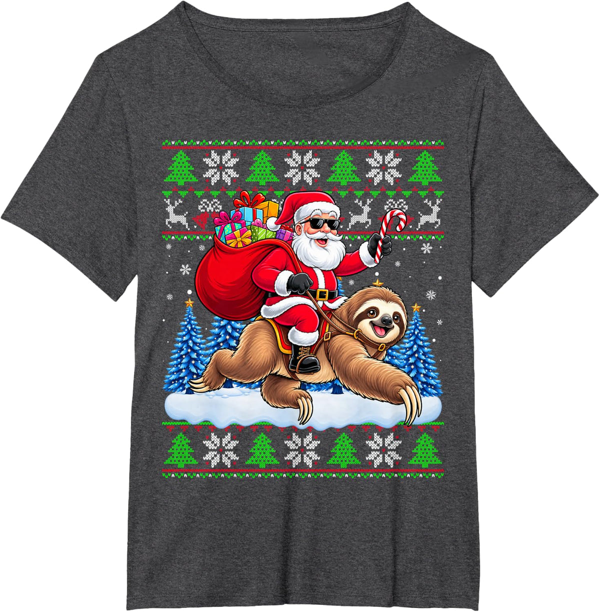 Santa Riding Sloth Animal Lovers Kids Boys Girls Xmas T-Shirt - Dark Heather Grey