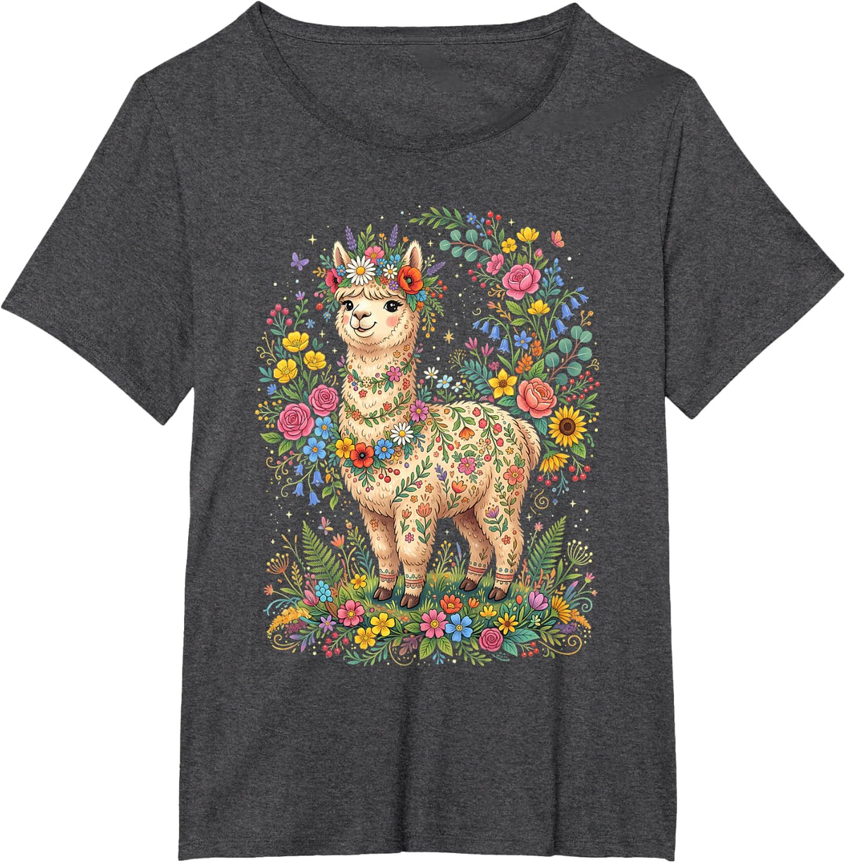 Alpaca Flowers T-Shirt - Dark Heather Grey
