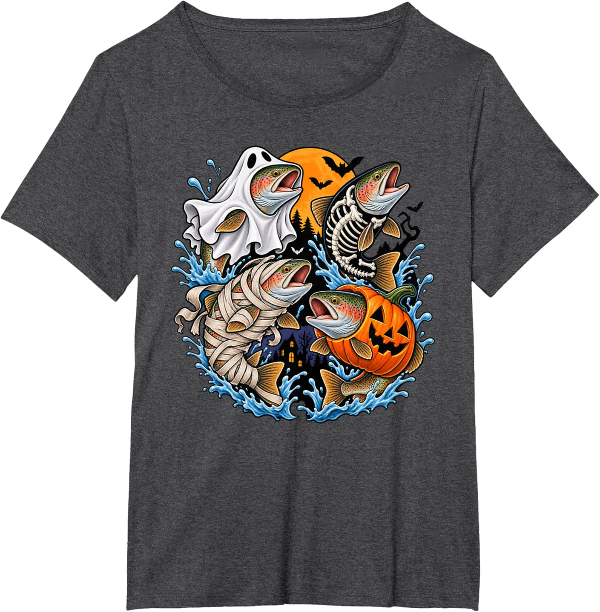 Trout Fish Ghost Pumpkin Skeleton Mummy Halloween Fishing T-Shirt - Dark Heather Grey