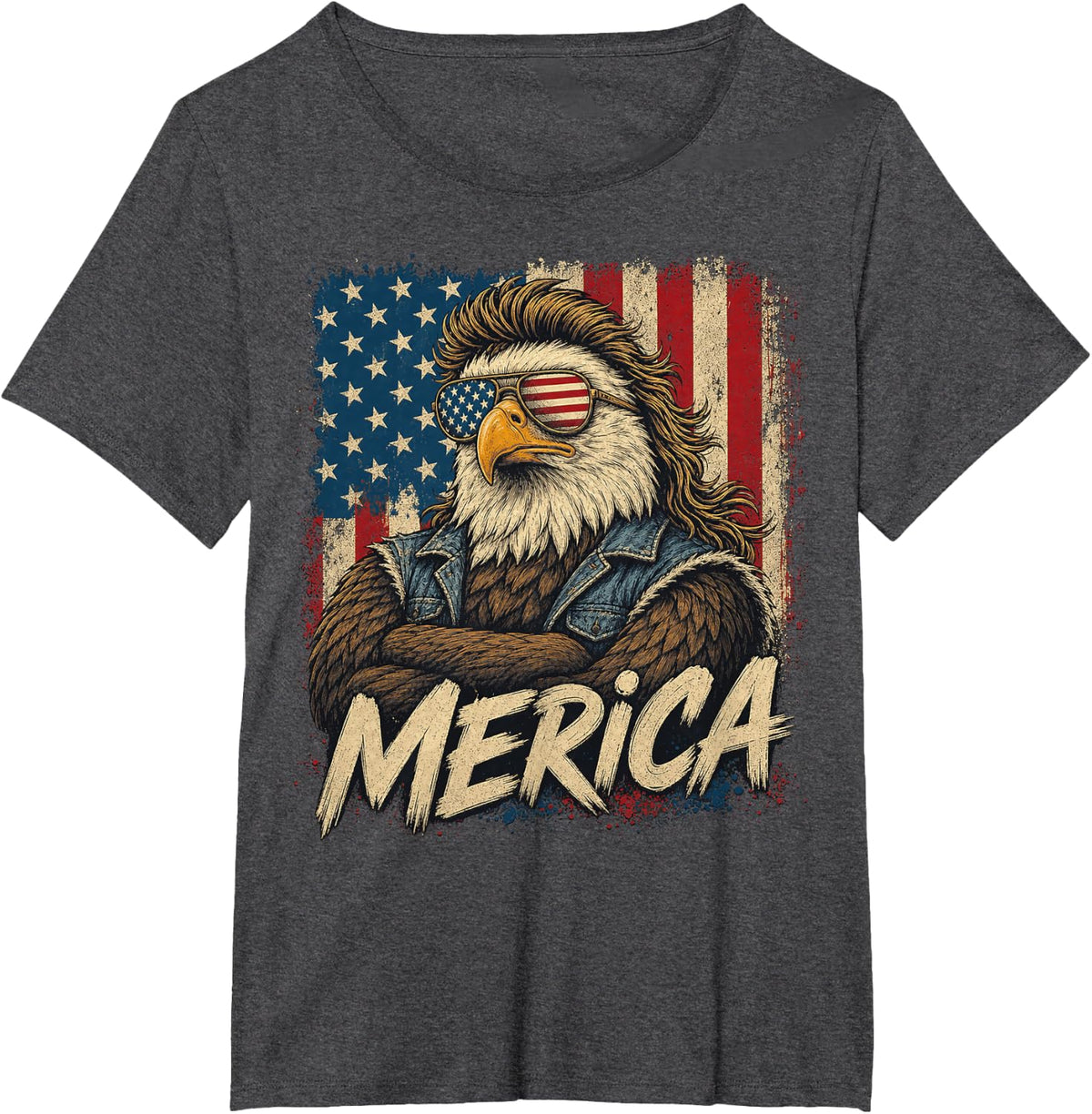 Bald Eagle with Mullet and Sunglasses Humor T-Shirt - Dark Heather Grey