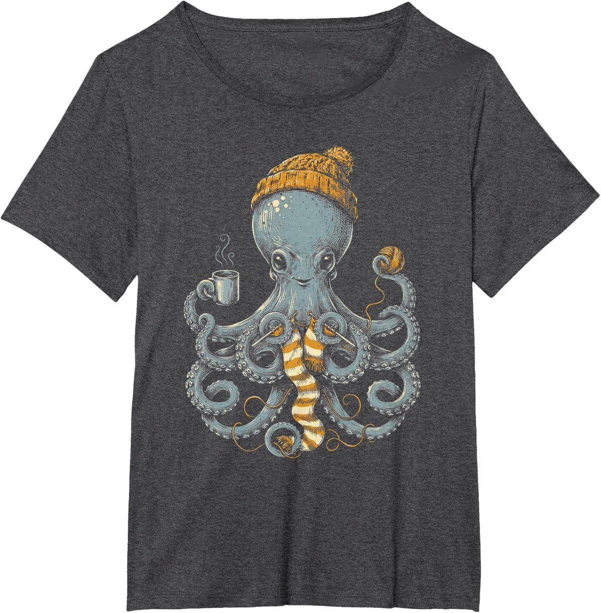 Winter Octopus Knitting Scarf Beanie Cute Ocean Design T-Shirt - Dark Heather Grey