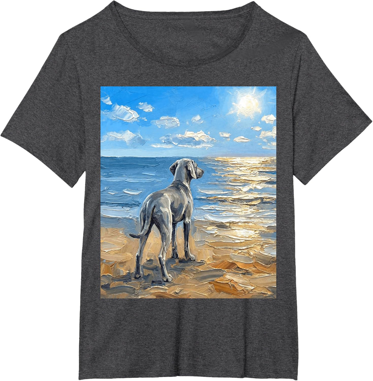 Weimaraner at The Beach Summer Dog Artwork T-Shirt - Dark Heather Grey