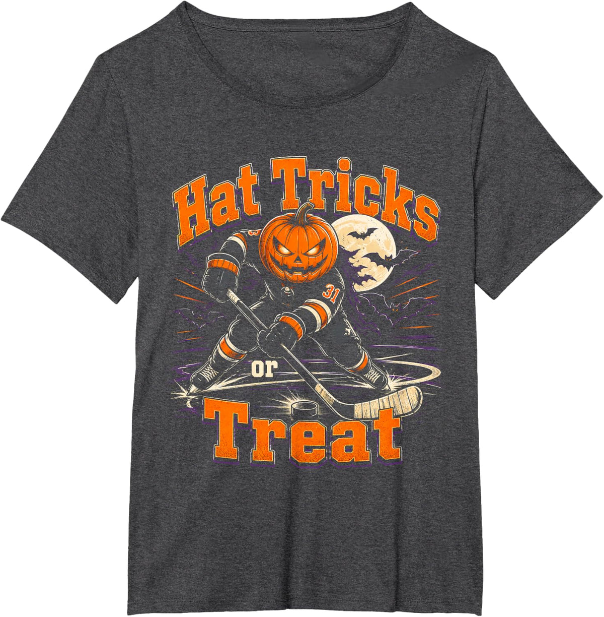 Hat Tricks Or Treat Ice Hockey Player Pumpkin Head Halloween T-Shirt - Dark Heather Grey