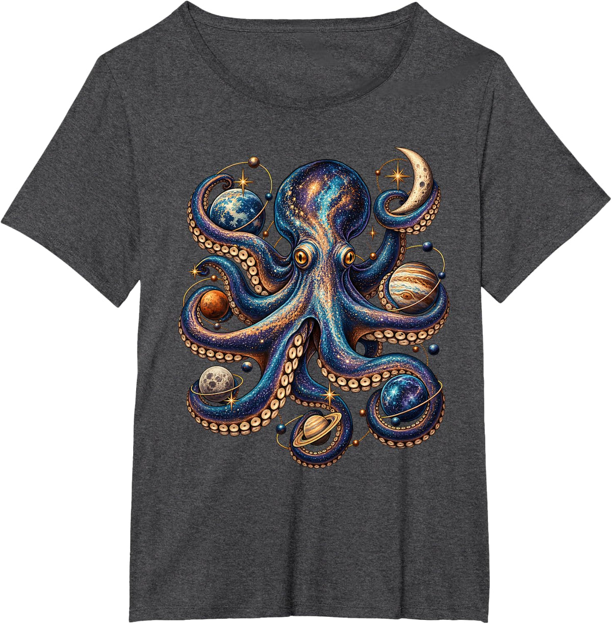 Galaxy Planet Space Octopus Ocean Animal Art T-Shirt - Dark Heather Grey