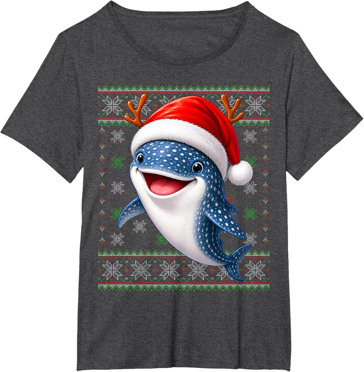 Whale Shark Christmas Ugly Sweaters Festive Santa Hat Xmas T-Shirt - Dark Heather Grey