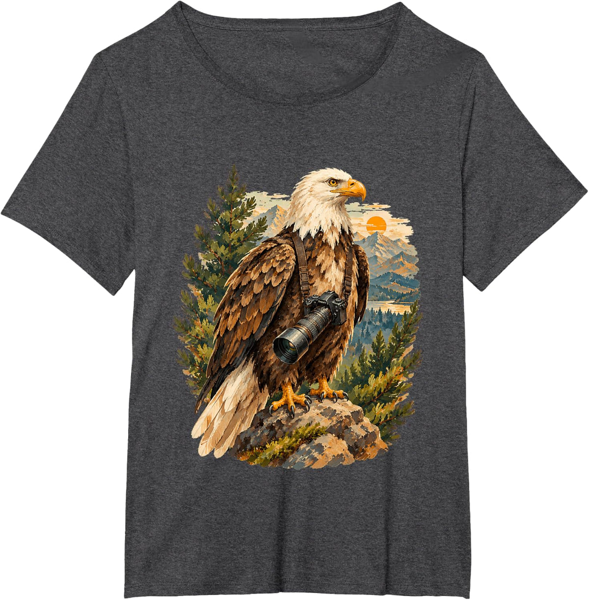 Bald Eagle Photographer with Camera Lens Birdwatcher T-Shirt - Dark Heather Grey