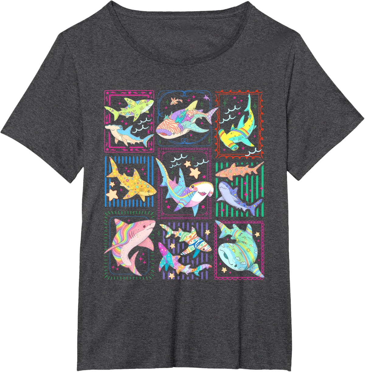 Colorful Shark Species Tropical Ocean Stamp Art T-Shirt - Dark Heather Grey