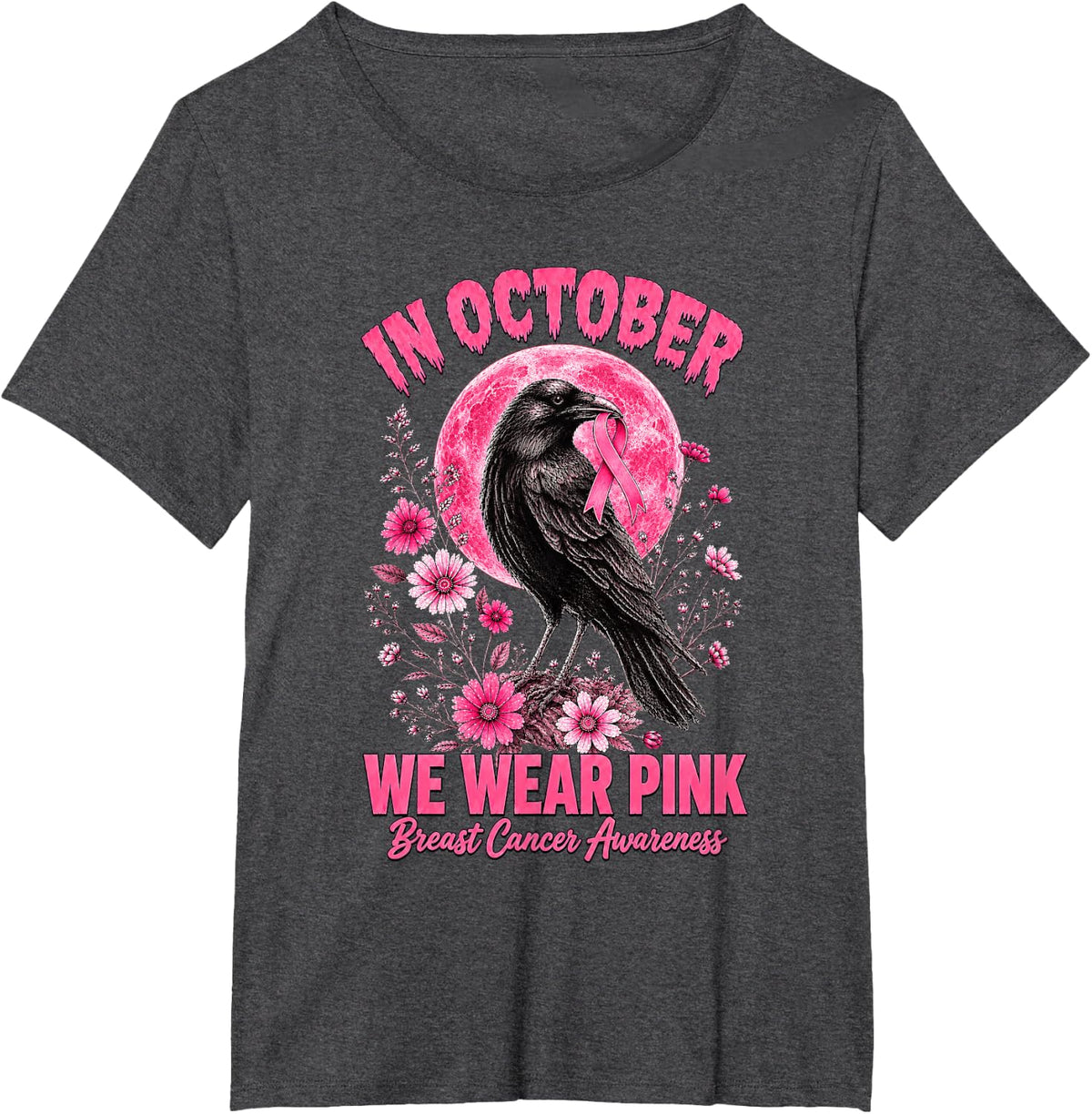 Halloween in October We Wear Pink Breast Cancer Raven T-Shirt - Dark Heather Grey