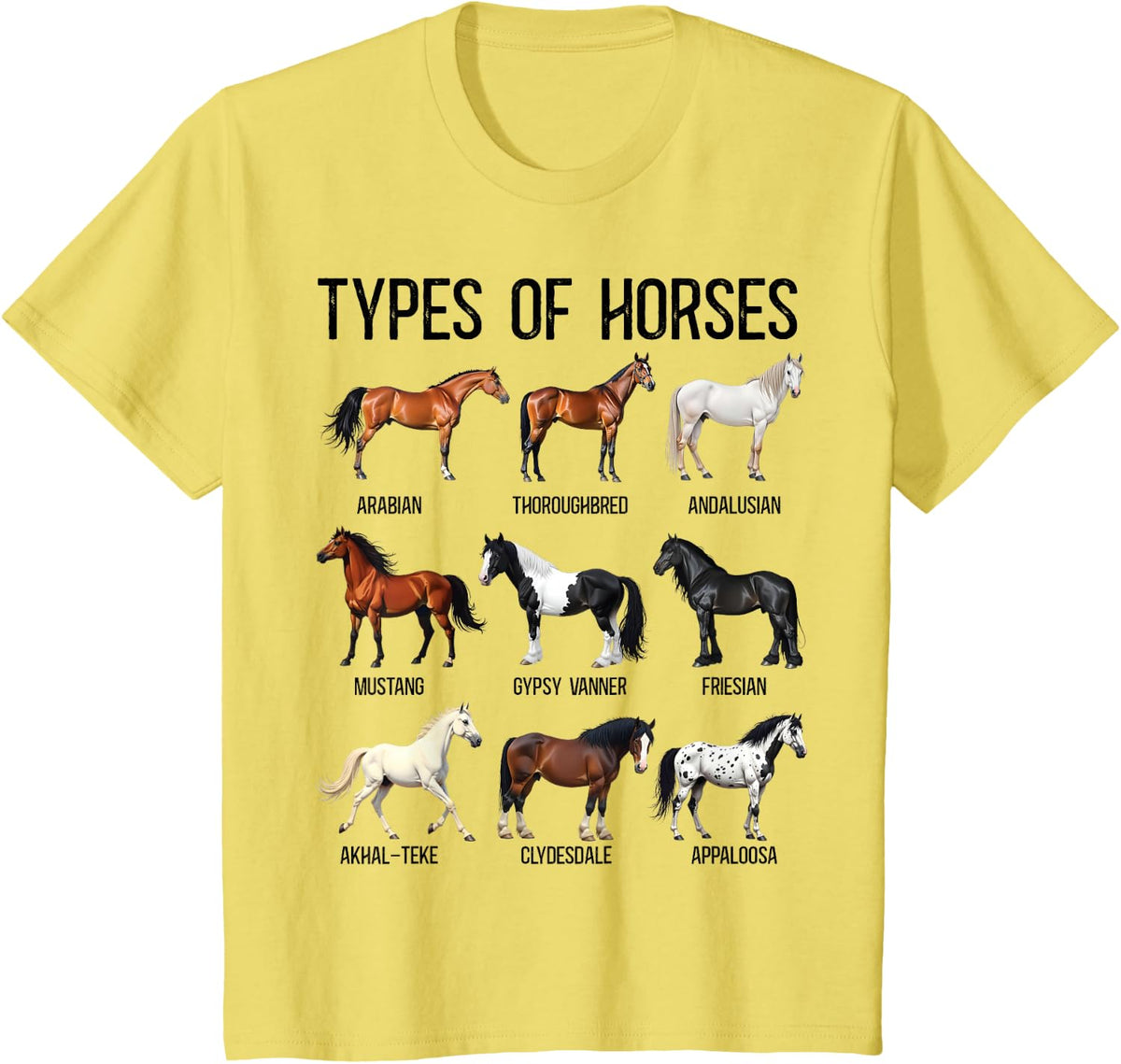 Types of Horses Educational Horse Breeds Boys Girls Kids T-Shirt - Lemon Yellow