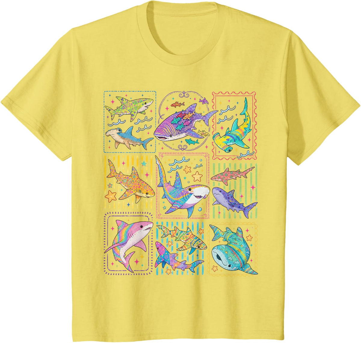 Shark Tropical Ocean Stamp Sea Life Scuba Divers Biologists T-Shirt - Lemon Yellow