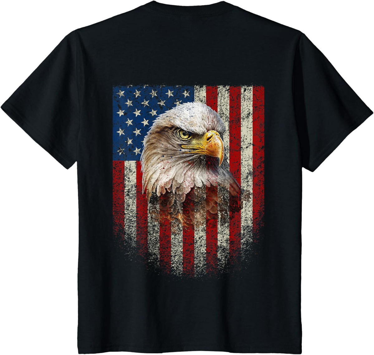 (Art on Back) Patriotic US Flag with American Eagle T-Shirt - Black