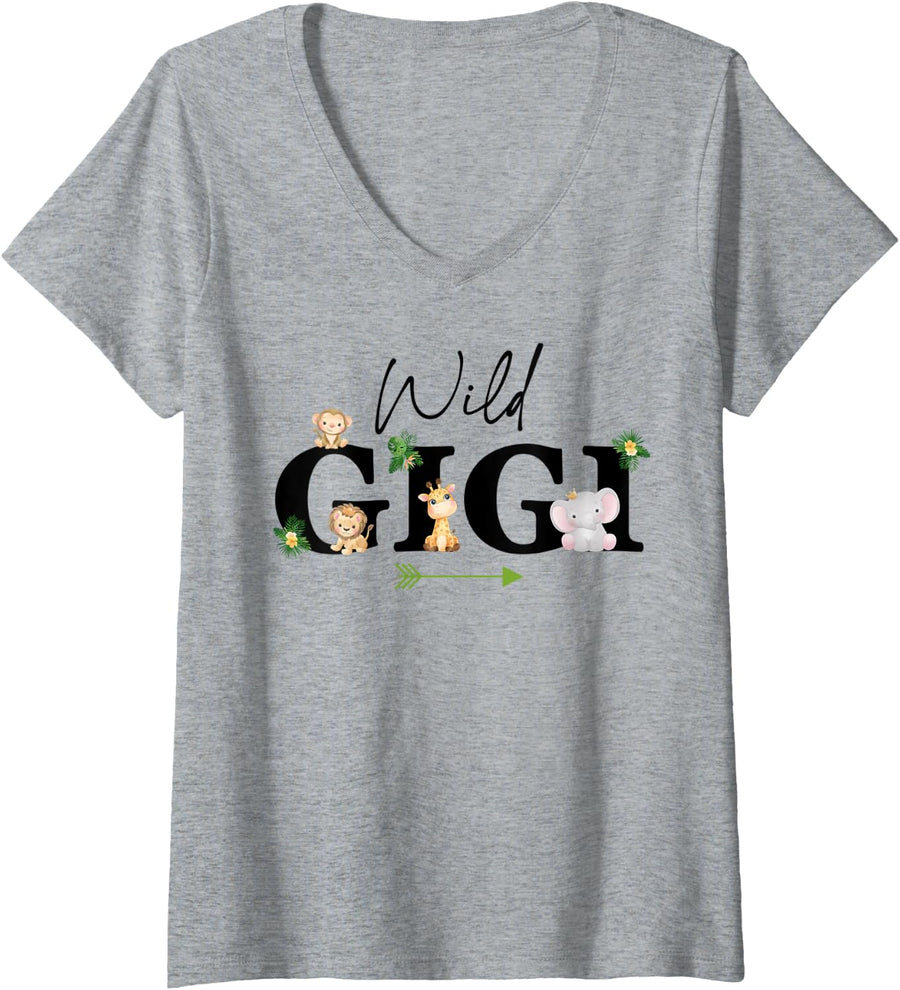 Womens Gigi of The Wild One Zoo Birthday Safari Jungle Animal V-Neck T-Shirt - Heather Grey