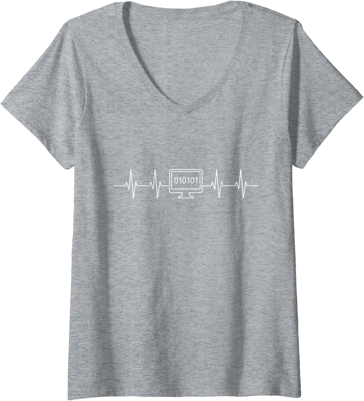 Women's Coder Heartbeat Line Binary Code Computer Programmer V-Neck T-Shirt - Heather Grey