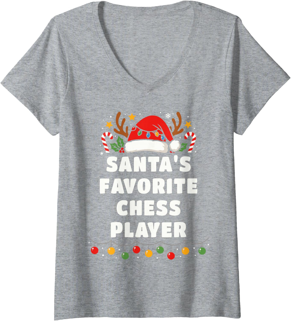 Women's Santa's Favorite Chess Player Funny Christmas Holiday Sport V-Neck T-Shirt - Heather Grey