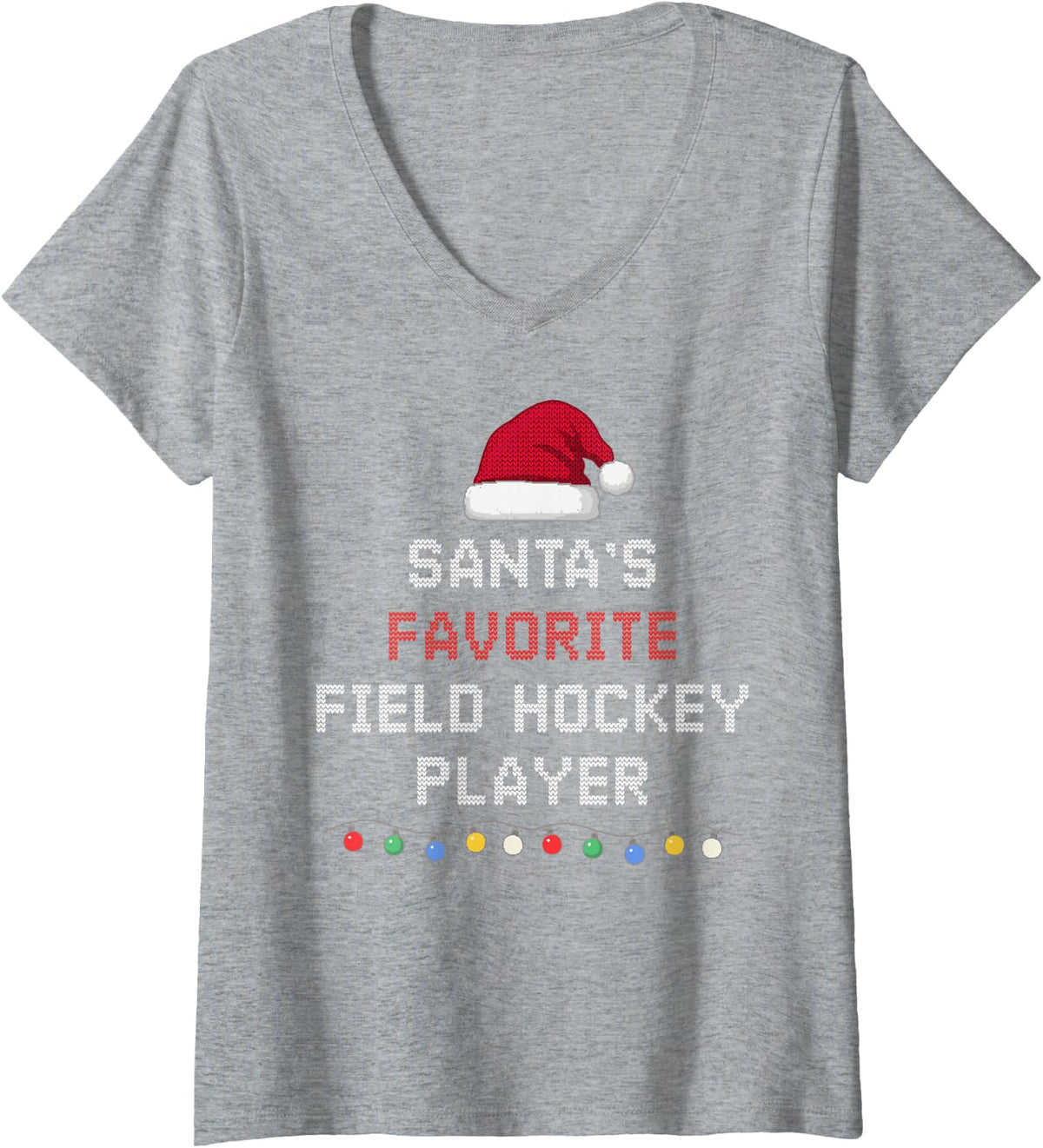 Women's Santa's Favorite Field Hockey Player Funny Christmas Pajamas V-Neck T-Shirt - Heather Grey