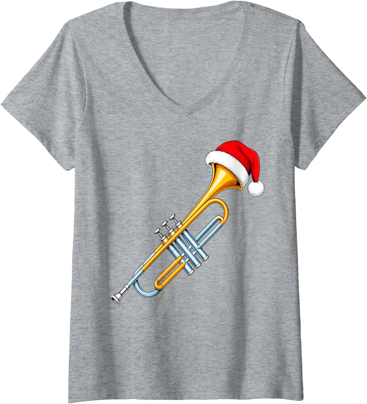 Women's Christmas Festive Music Lover Santa Hat Musical Trumpet V-Neck T-Shirt - Heather Grey