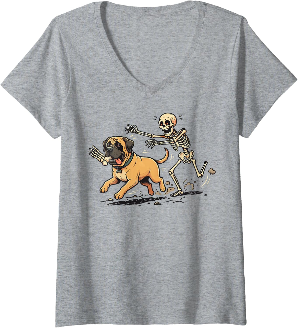 Women's English Mastiff Skeleton Halloween V-Neck T-Shirt - Heather Grey