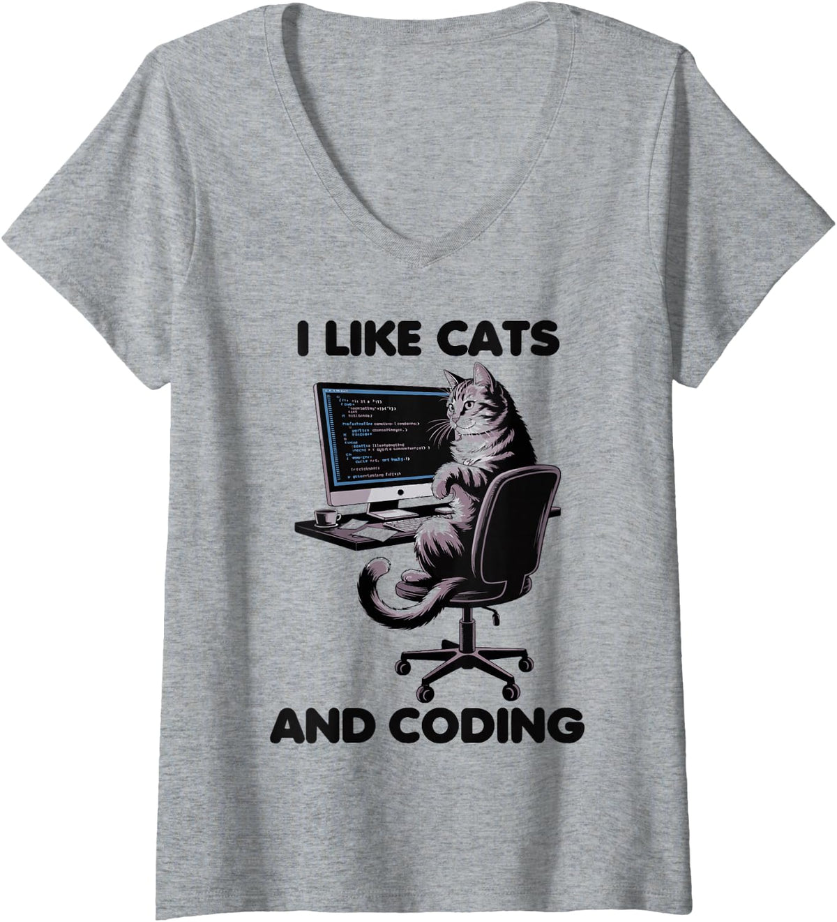 Women's I Like Cats and Coding Programmer Design V-Neck T-Shirt - Heather Grey