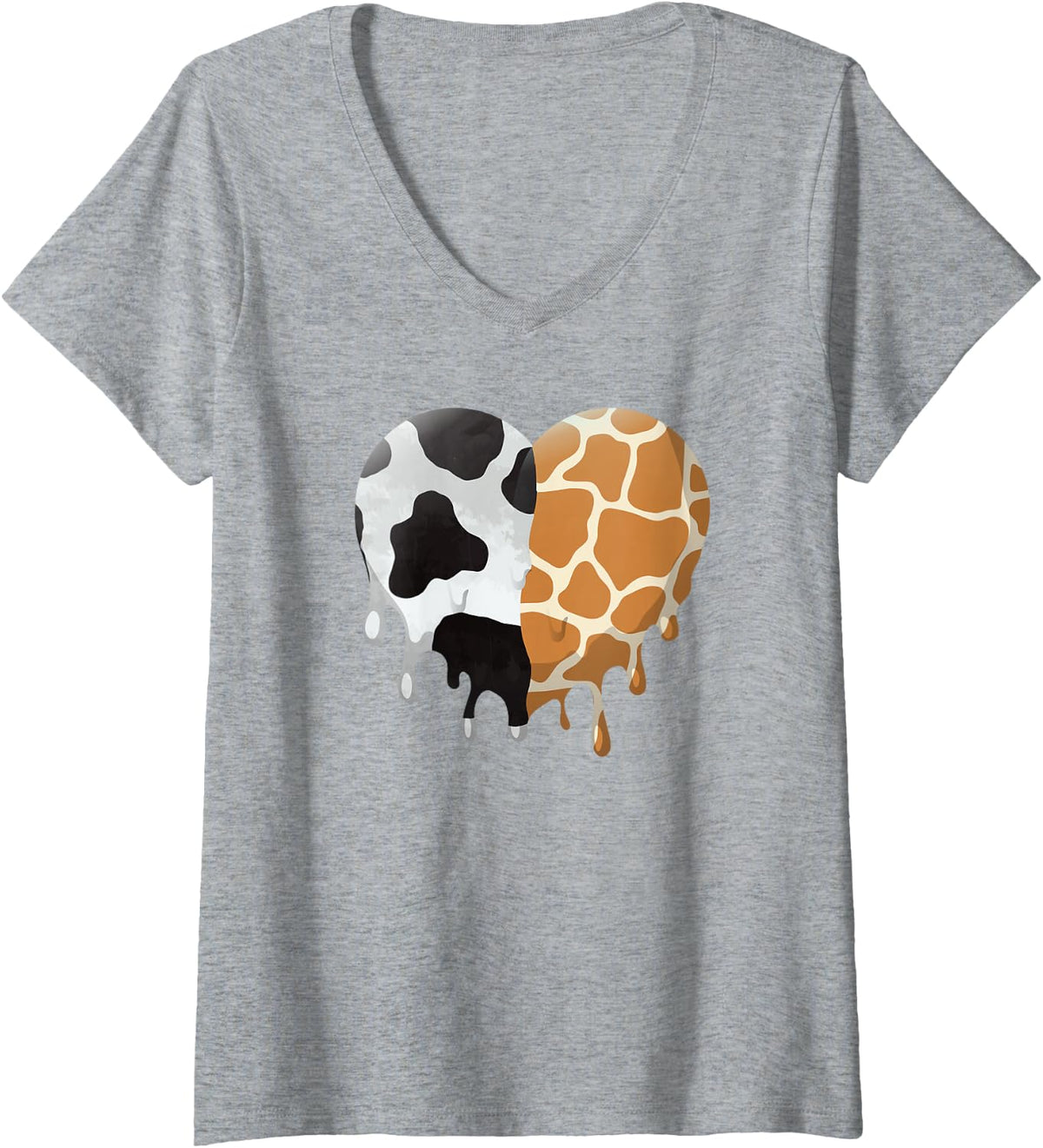 Women's Cow and Giraffe Pattern Melting Heart Cute Animal Aesthetic V-Neck T-Shirt - Heather Grey