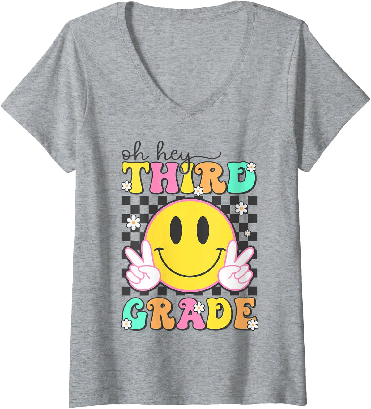 Women's Oh Hey Third Grade Shirt Back to School Groovy 3rd Grade V-Neck T-Shirt - Heather Grey