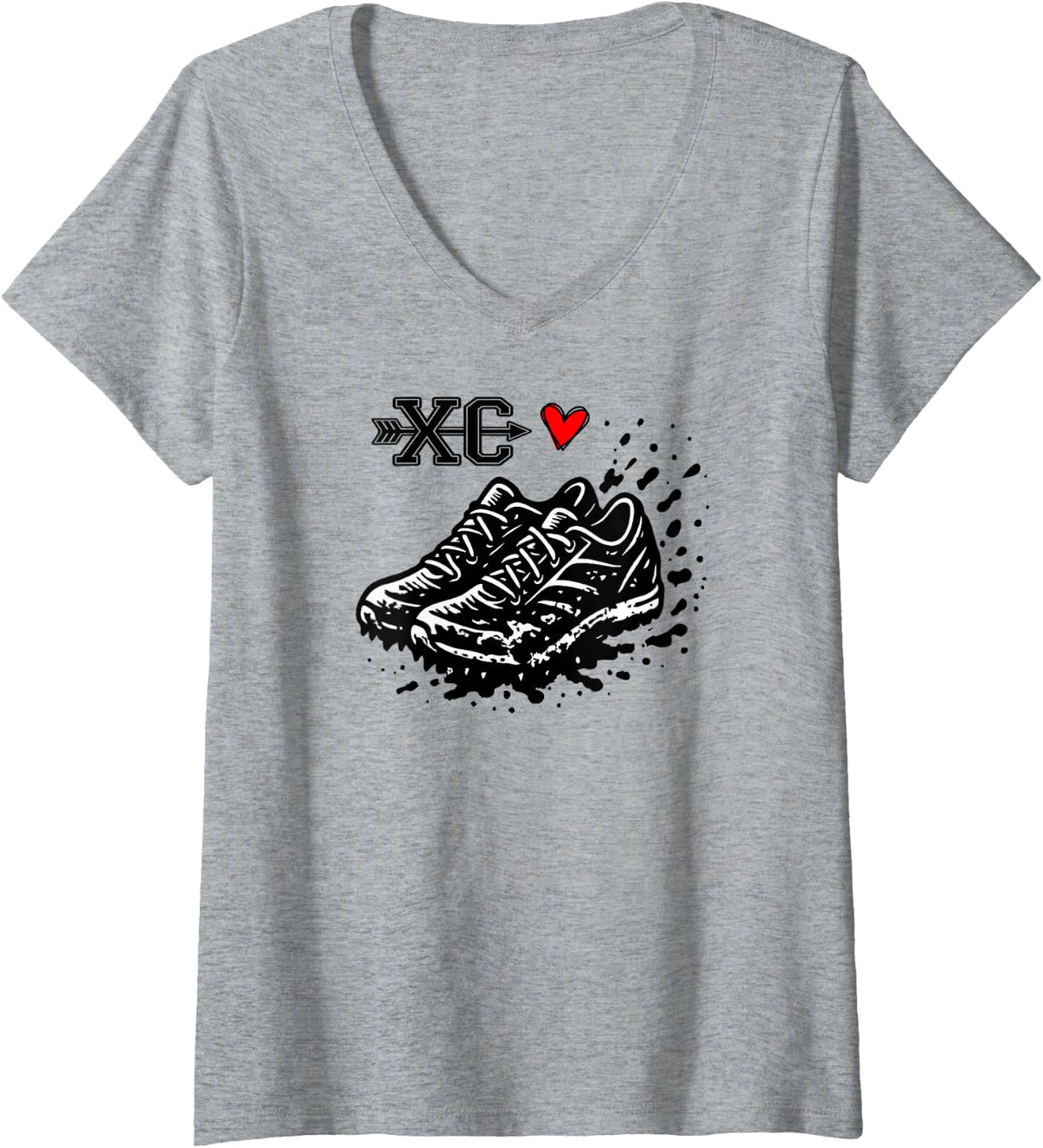 Womens Love Cross Country Running XC Runner Muddy Shoe V-Neck T-Shirt - Heather Grey