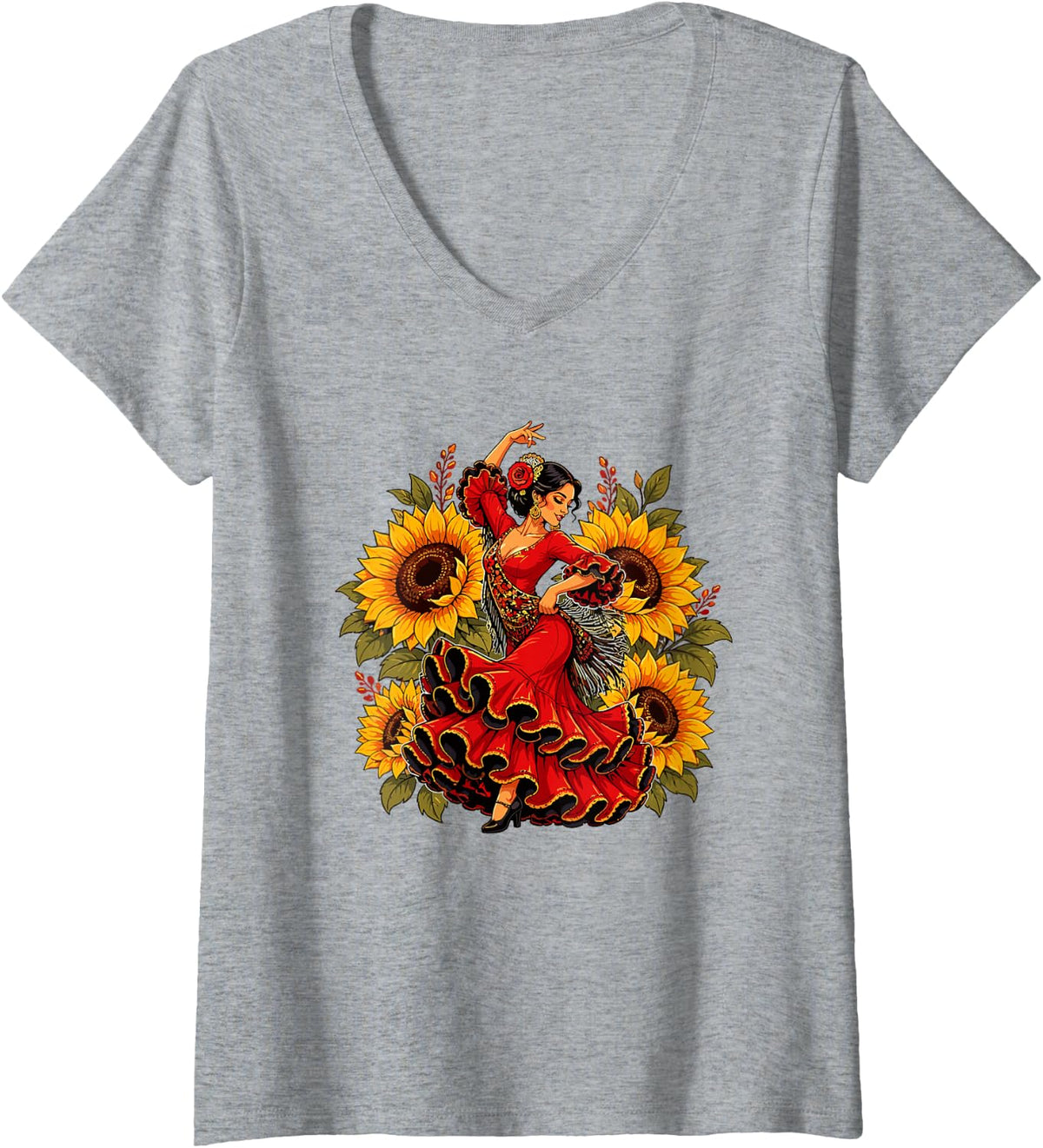 Women's Andalusian Flamenco Woman Sunflower Dance V-Neck T-Shirt - Heather Grey