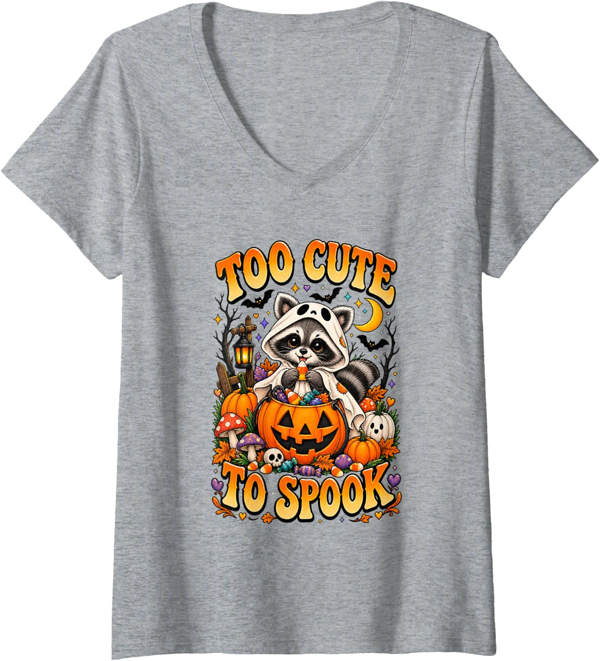 Women's Too Cute to Spook Raccoon Halloween Ghost Funny V-Neck T-Shirt - Heather Grey