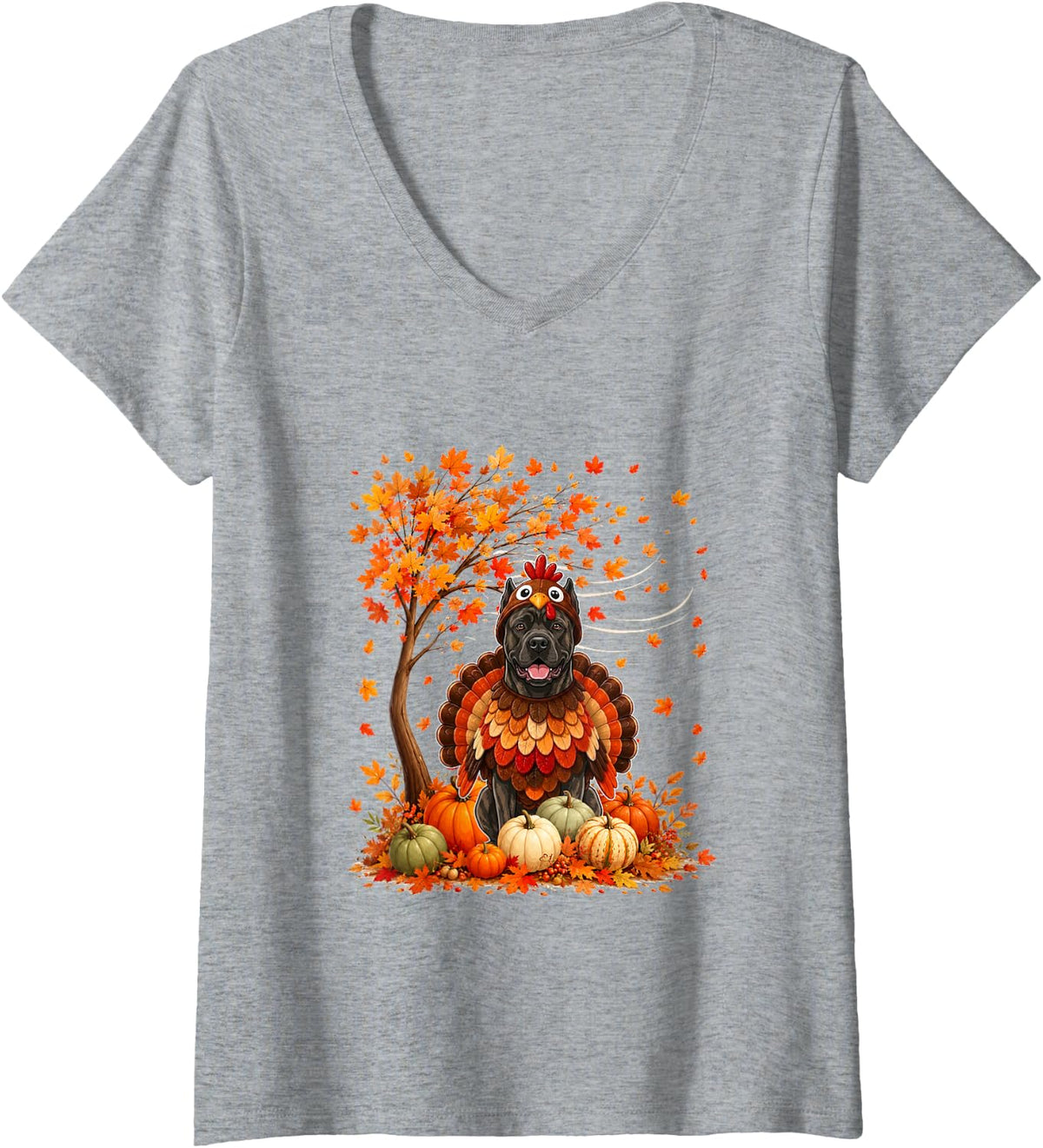 Women's Cane Corso Cosplay Turkey Fall Tree Pumpkins Thanksgiving V-Neck T-Shirt - Heather Grey