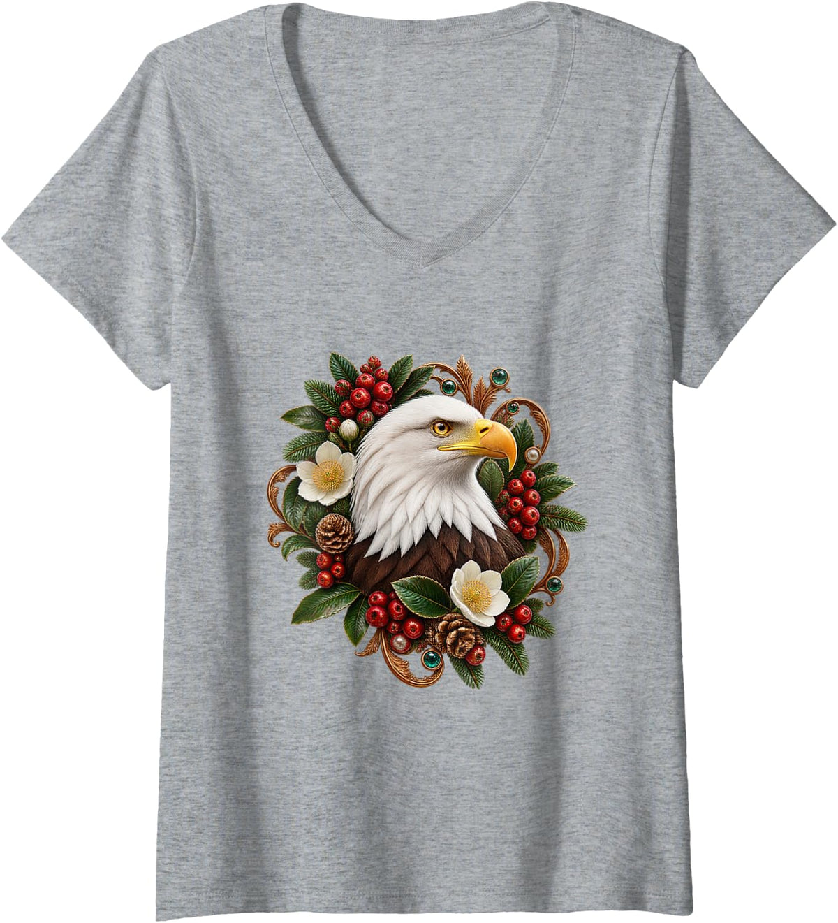 Women's Bald Eagle with Winter Berries V-Neck T-Shirt - Heather Grey