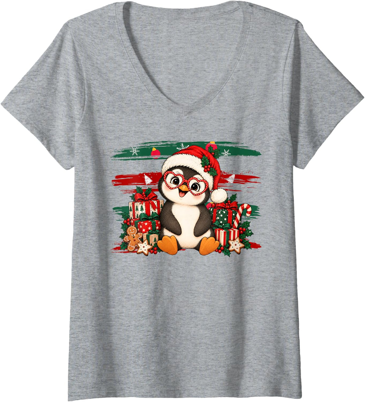 Women's Cute Penguin Heart Glasses Stripe Christmas Festive Holiday V-Neck T-Shirt - Heather Grey