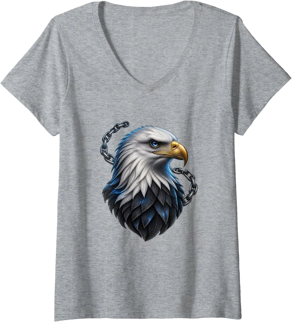 Women's Bald Eagle with White Chain Curves Bird Art V-Neck T-Shirt - Heather Grey